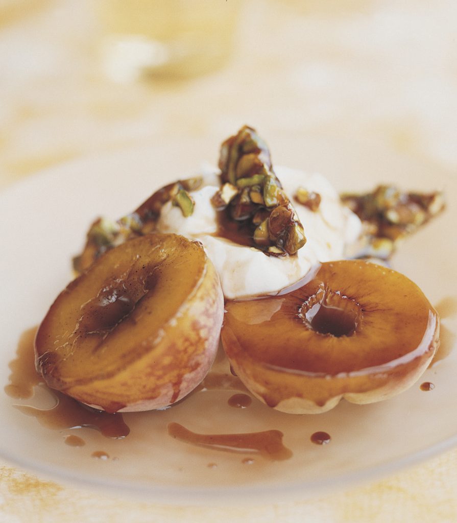 Hot Grilled Peaches with Pistachio Brittle Ainsley Harriott