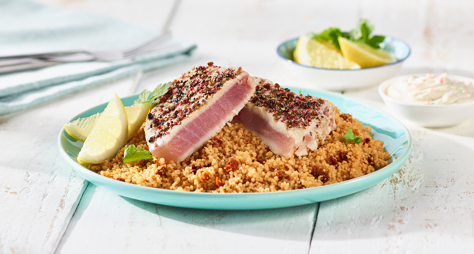 PepperCrusted Tuna with Sundried Tomato & Garlic Couscous Ainsley