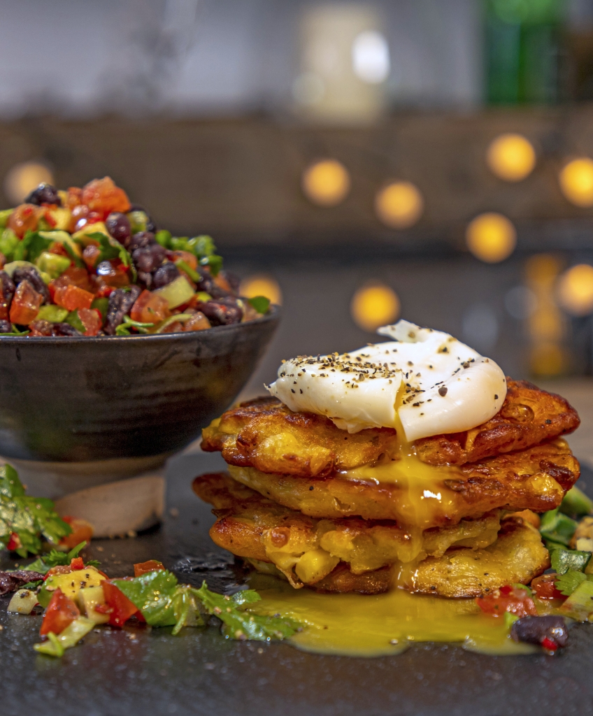 Sweetcorn Fritters with Poached Egg and Avocado & Black Bean Salsa - Ainsley Harriott