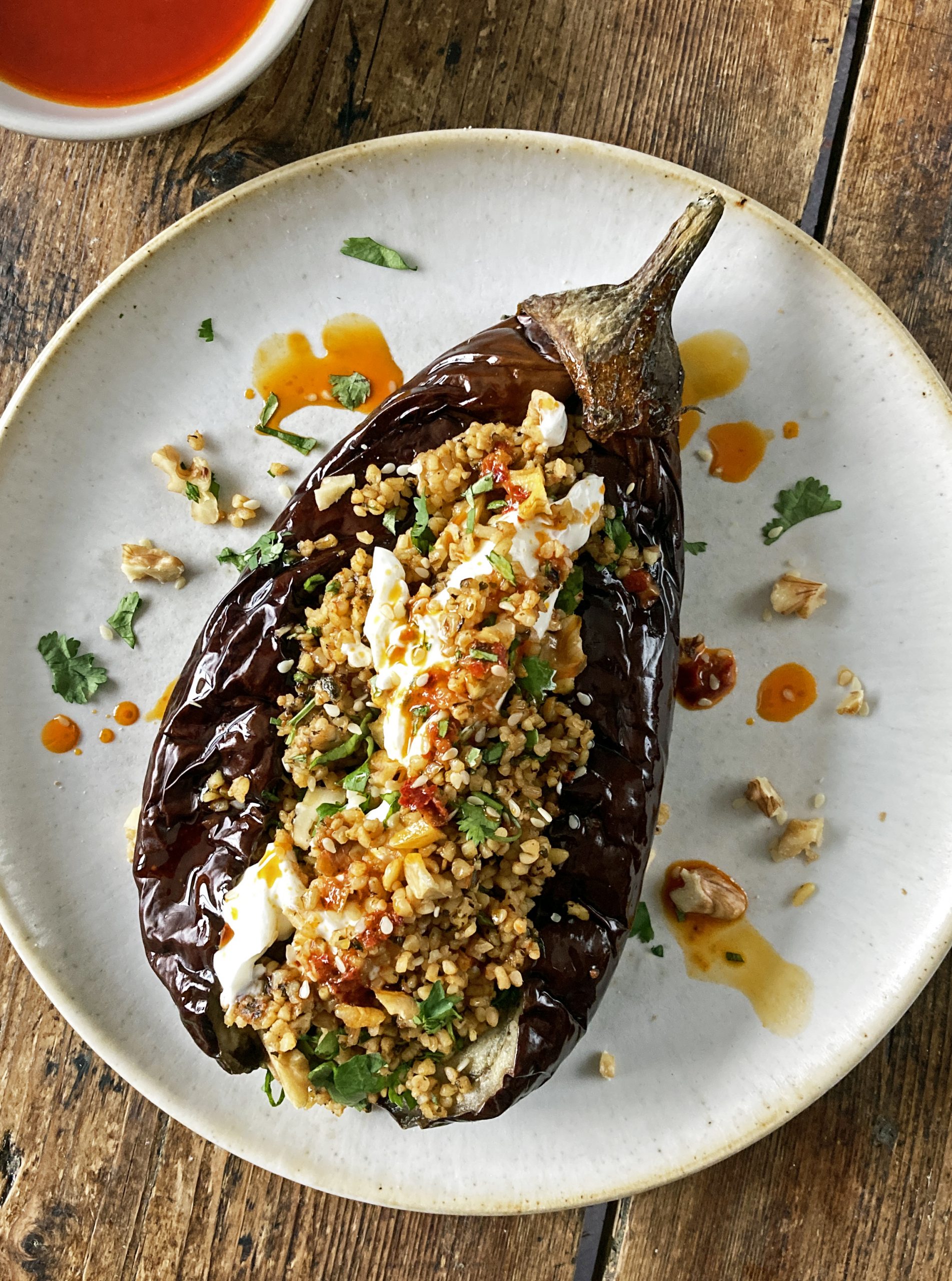 Baked Aubergine with Turkish Grains, Walnuts & Rose Harissa Butter