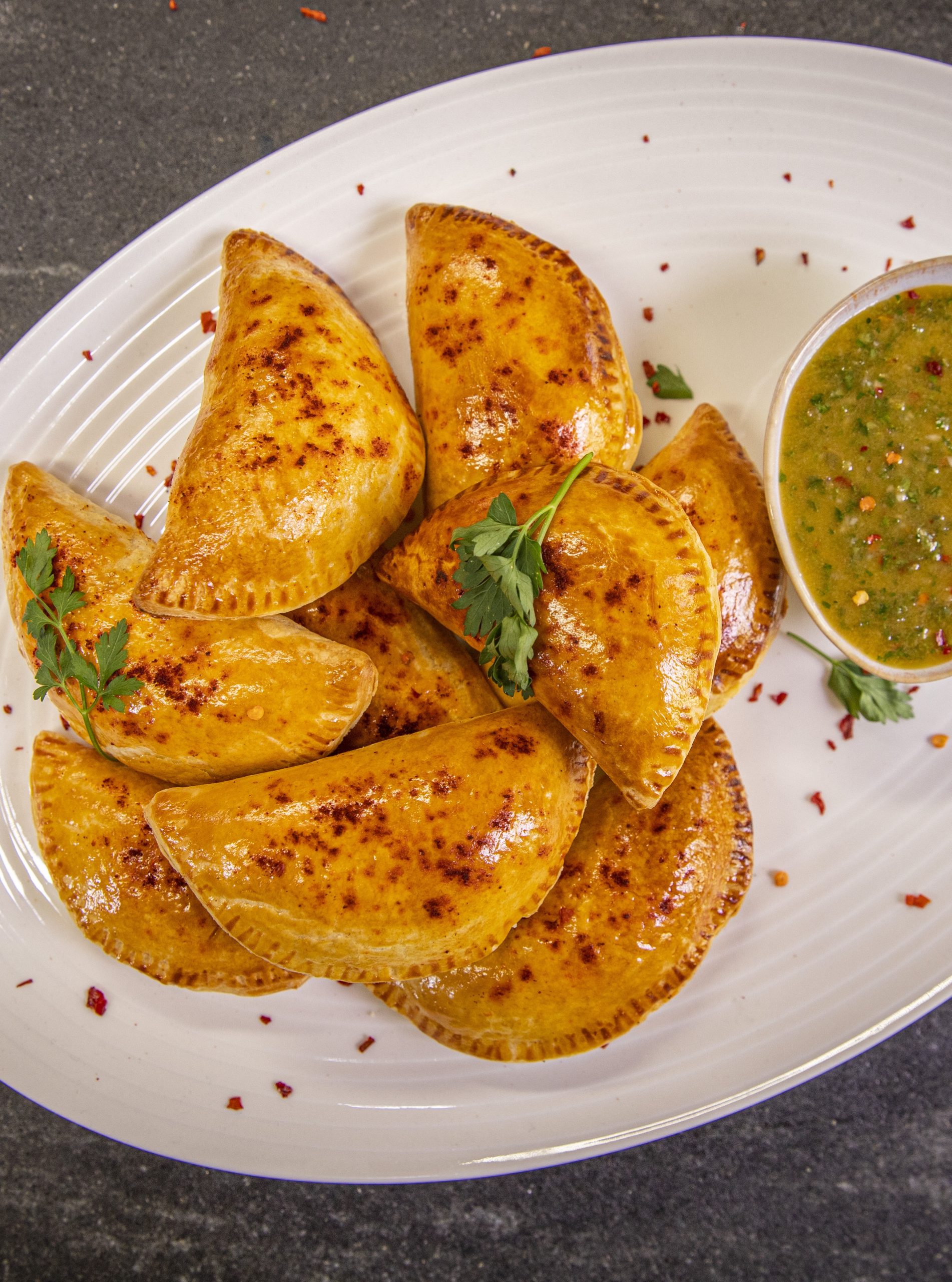Sweet Potato, Black Bean & Corn Puff Empanadas with Chimichurri