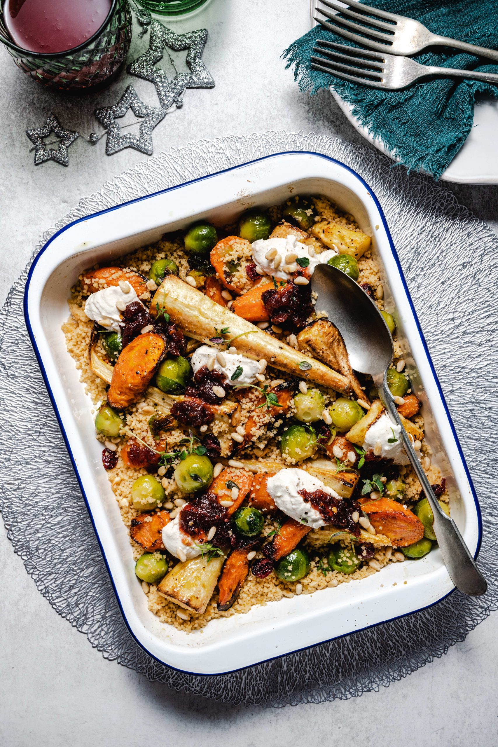 Roasted Leftover Vegetables with Couscous, Tahini & Chilli Cranberry