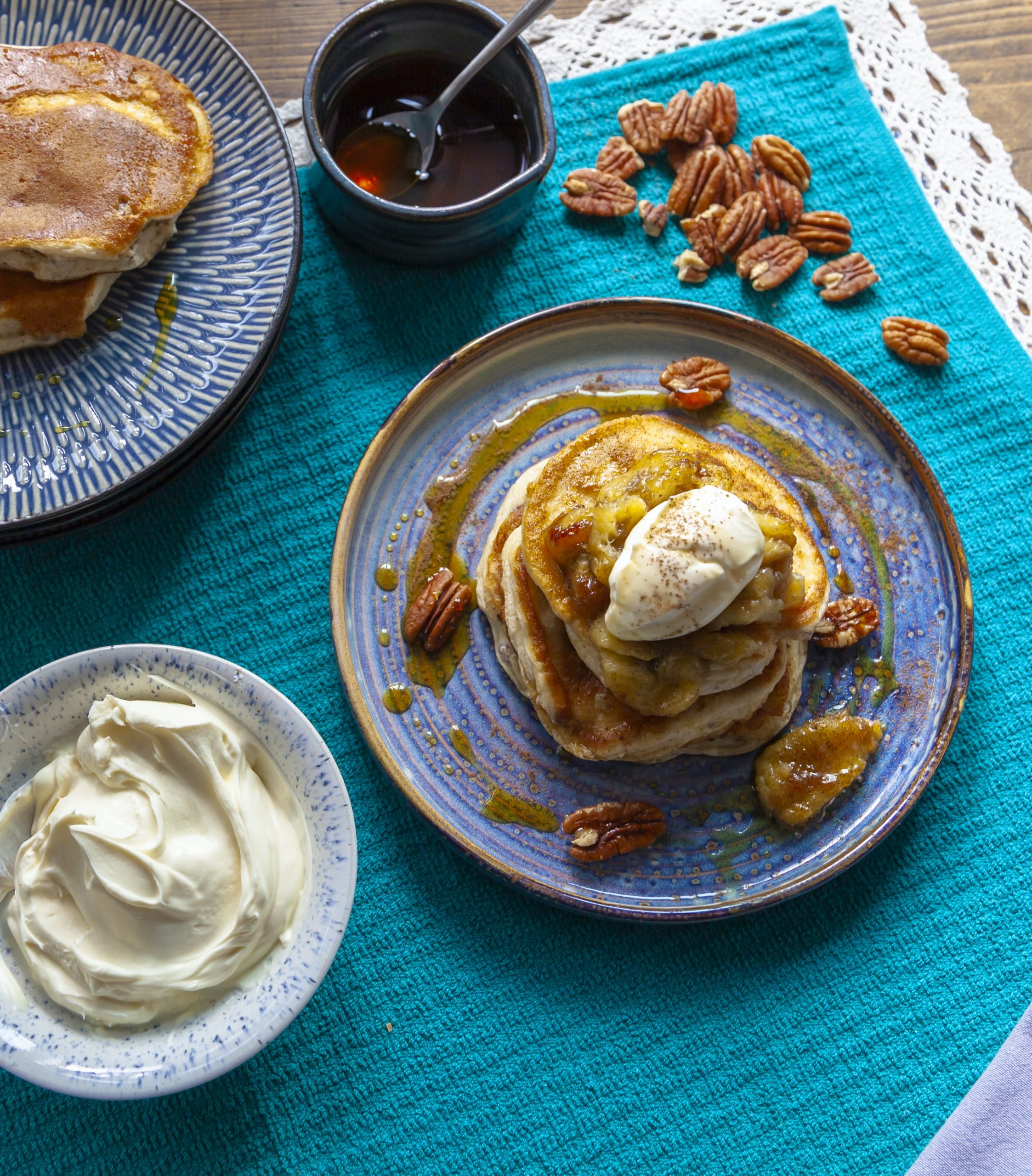 Ricotta & Pecan Pancakes with Caramelised Banana & Maple Syrup