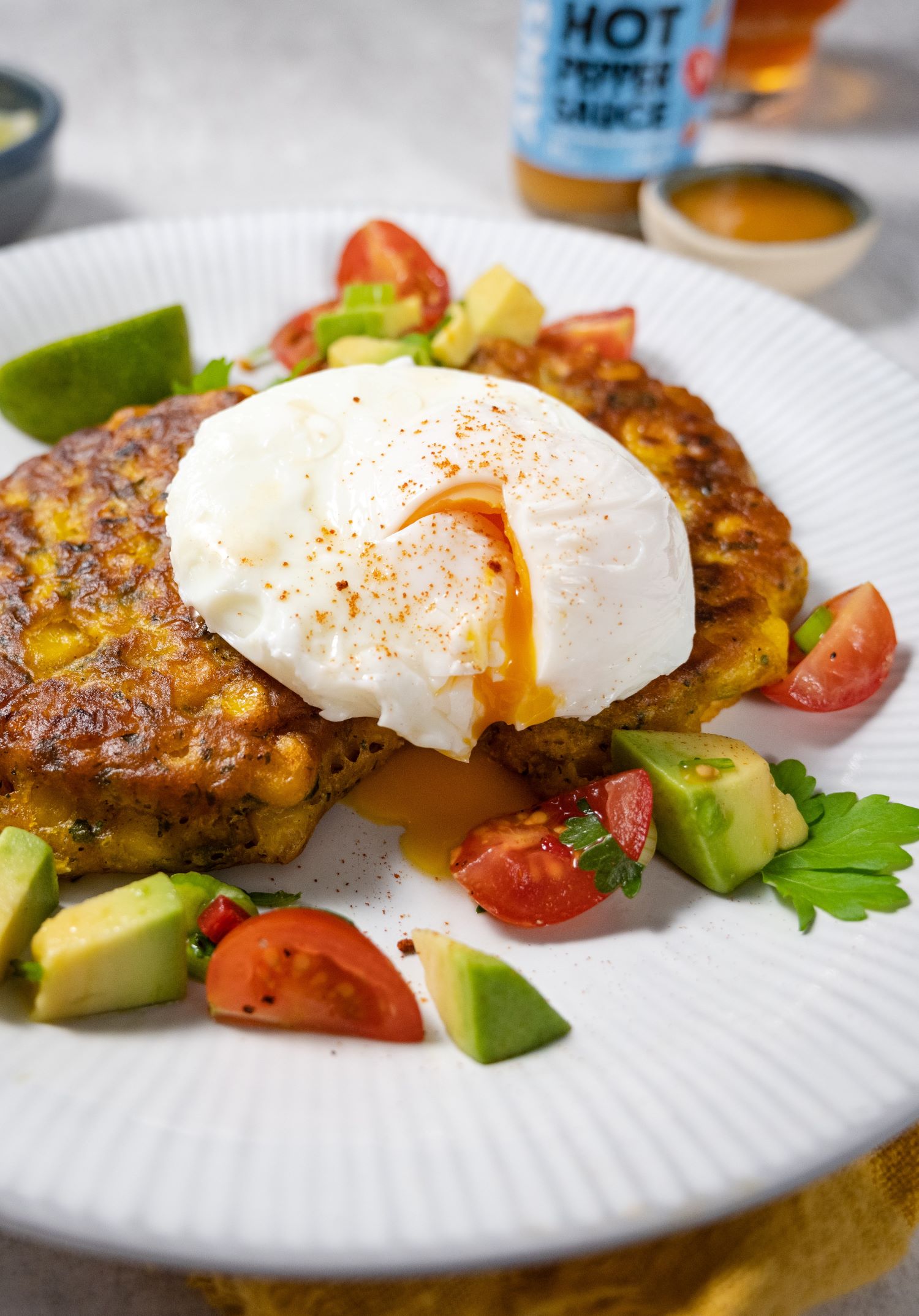Sweetcorn Fritters with Poached Egg & Avocado Salsa Ainsley Harriott