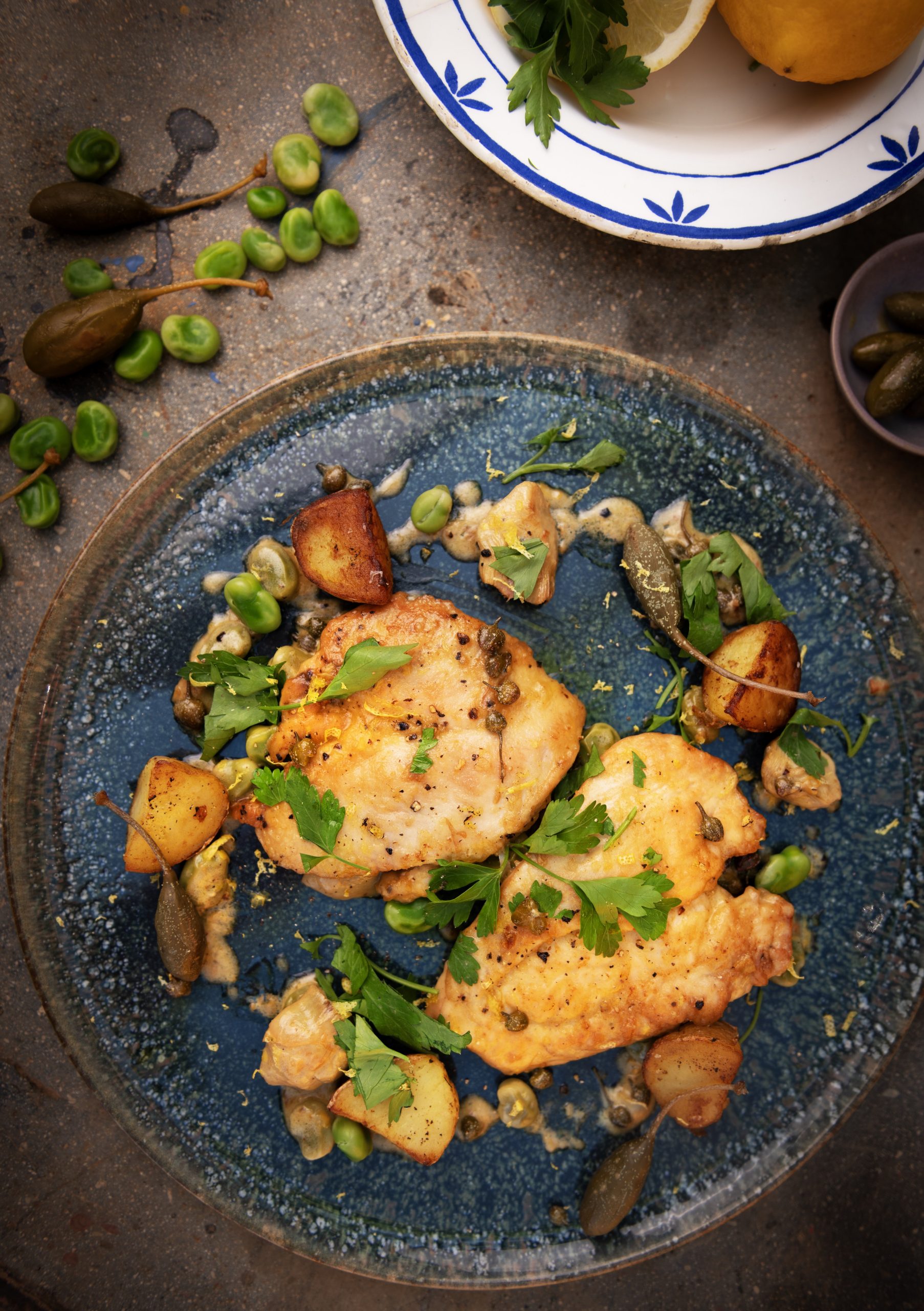 Chicken Scallopini with Baby Broad Beans, Artichokes, Lemon & Capers