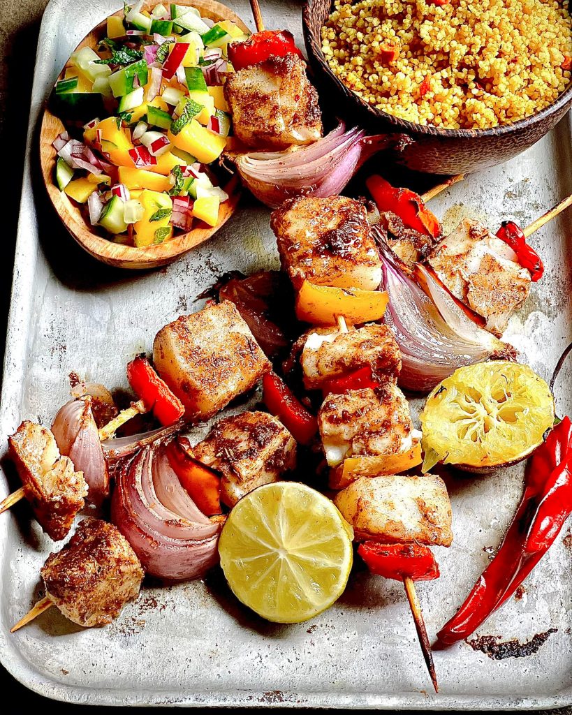 Jerk-Spiced Fish Skewers with Caribbean Couscous & Mango Salsa - Ainsley Harriott