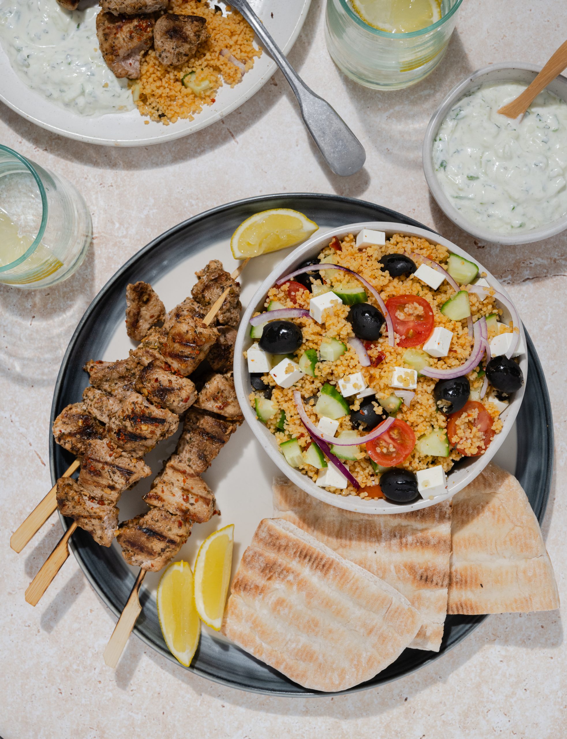 Souvlaki with Greek-Style Couscous Salad & Cucumber Mint Yoghurt - Ainsley Harriott