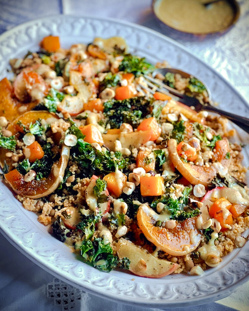 Maple-Roasted Squash & Apple, Couscous and Lentil Salad with Crispy Kale and a Maple-Tahini Dressing