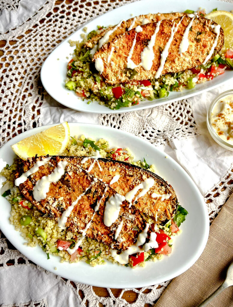 Crispy Spiced Aubergine with Couscous Tabbouleh & Tahini Yoghurt - Ainsley Harriott