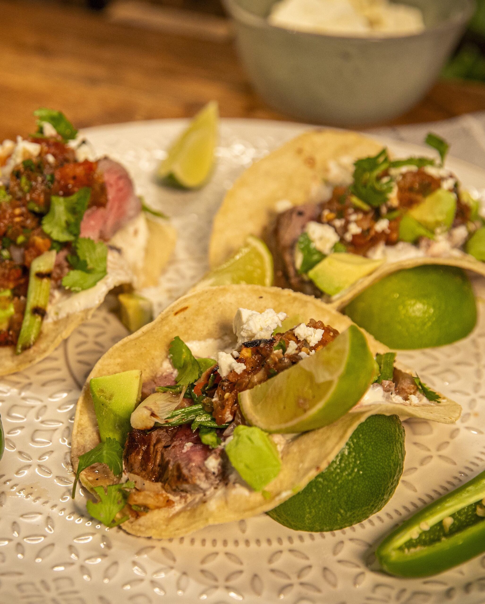 Carne Asada Tacos with Chargrilled Spring Onions & Chiltomate Sauce - Ainsley Harriott