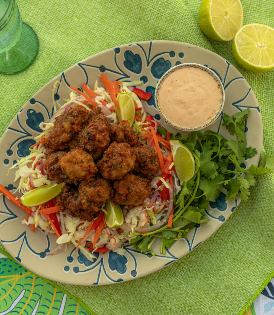 Bahamian-Style Prawn &amp; Coconut Fritters with Calypso Sauce &amp; Pickled Coconut Slaw - Ainsley Harriott